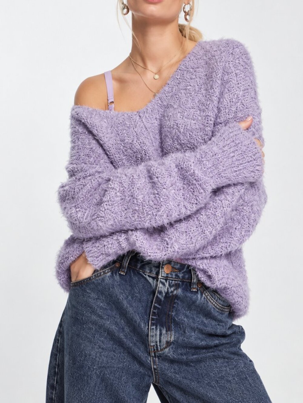 Free People Icing Sweater Lavender Lilac Fuzzy Chenille Oversized Knit Size L